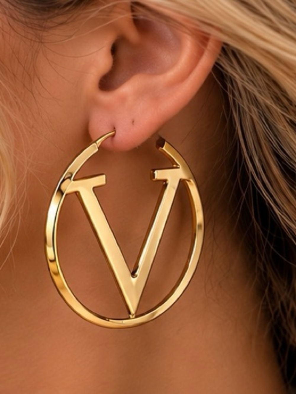 Gold Initial V Hoop Earrings | Designer Inspired Statement Hoops